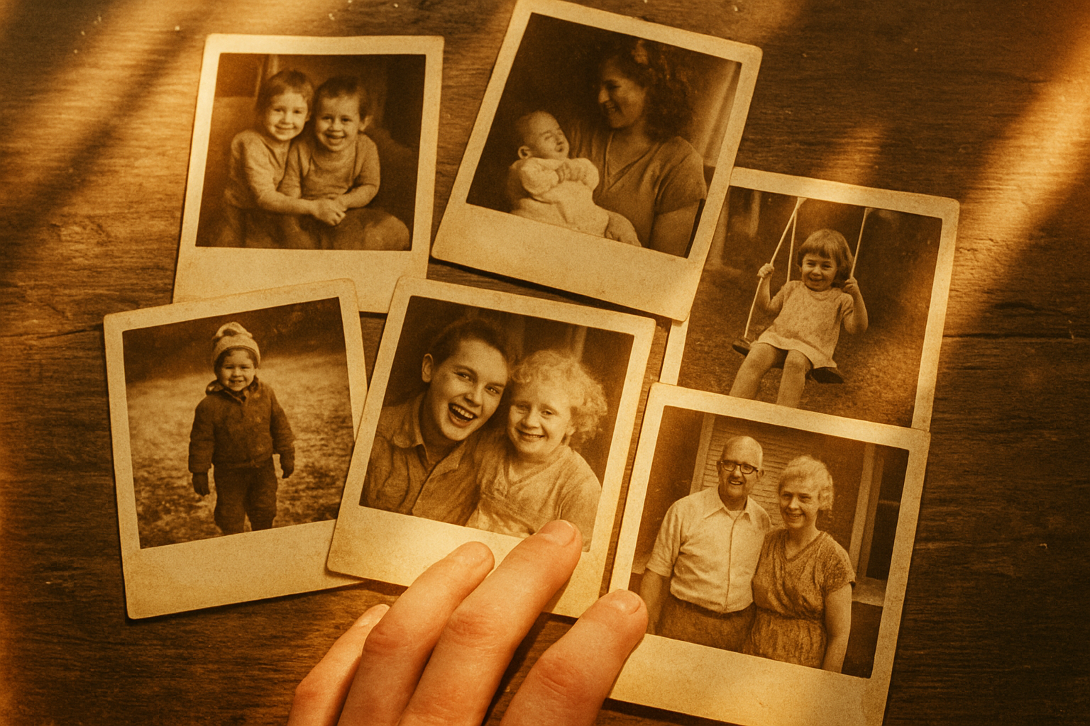 A collection of faded family photographs, representing memory and the passage of time